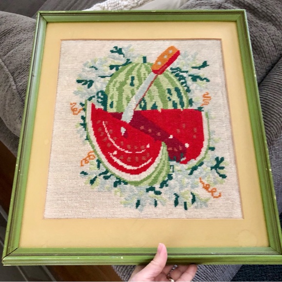 Framed vintage needlepoint watermelon slices Custom Framed - Picture 1 of 4